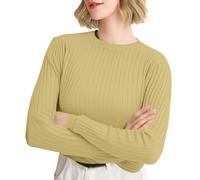 Maglia a maniche lunghe da donna, elegante, scollo rotondo, maglione invernale per il tempo libero, casual, a maniche lunghe, giallo chiaro, XXL