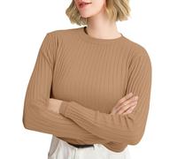 Maglia a maniche lunghe da donna, elegante, scollo rotondo, maglione invernale per il tempo libero, casual, a maniche lunghe, cachi, S
