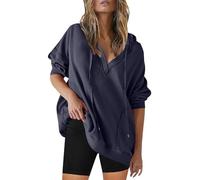 Maglia a maniche lunghe da donna, in cotone, scollo a V, a maglia grossa, con cappuccio, elegante, per autunno e inverno, con coulisse, con cappuccio, Blu scuro, XL