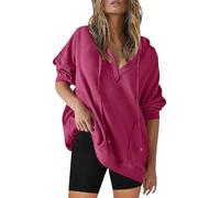 Maglia a maniche lunghe da donna, in cotone, scollo a V, a maglia grossa, con cappuccio, elegante, per autunno e inverno, con coulisse, con cappuccio, Colore: rosso, m