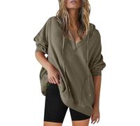 Maglia a maniche lunghe da donna, in cotone, scollo a V, a maglia grossa, con cappuccio, elegante, per autunno e inverno, con coulisse, con cappuccio, verde, xxl