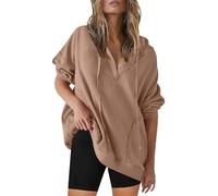 Maglia a maniche lunghe da donna, in cotone, scollo a V, a maglia grossa, con cappuccio, elegante, per autunno e inverno, con coulisse, con cappuccio, caffè, s