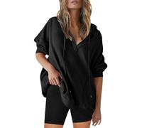 Maglia a maniche lunghe da donna, in cotone, scollo a V, a maglia grossa, con cappuccio, elegante, per autunno e inverno, con coulisse, con cappuccio, Nero , XL