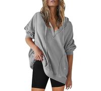 Maglia a maniche lunghe da donna, in cotone, scollo a V, a maglia grossa, con cappuccio, elegante, per autunno e inverno, con coulisse, con cappuccio, grigio., m