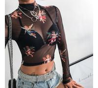 Maglia a maniche lunghe da donna per top, collo alto, nero da donna | Per serate in discoteca, tessuto a rete velato, ideale per le donne, con stampa di Cupido, taglie S-L
