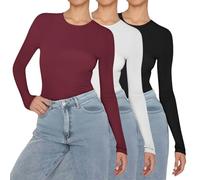 Maglia a maniche lunghe da donna, set da 3 pezzi, colore nero, top da donna, con scollo rotondo, slim fit, maglietta casual, a maniche lunghe, per il tempo libero, comoda e confortevole, maglione a