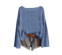 Maglia a maniche lunghe da donna, tinta unita, girocollo, per la primavera, l'inverno, casual, oversize, vestibilità comoda, da indossare tutti i giorni, Blu, M