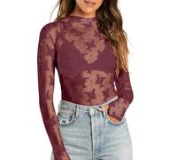 Maglia a maniche lunghe da donna, top in pizzo trasparente, dolcevita trasparente, ricamo floreale, body trasparente, maglia a maniche lunghe