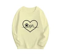 Maglia a maniche lunghe da ragazza, con cuore, ECG, con stampa a zampe di cane, sottile, scollo rotondo, casual, a maniche lunghe, sottile, a maniche lunghe, beige., 100
