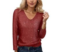 Maglia a maniche lunghe elegante e scintillante per un tocco discreto: una camicetta dal look raffinato quotidiano per l'ufficio e il tempo libero., Colore: rosso, 5XL