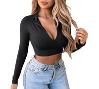 Maglia a maniche lunghe senza pancia con cerniera a quarti da donna, foderata in pile, scollo a V, sciancrata, sexy, camicia corta, verde oliva, Nero , S