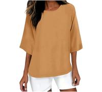 Maglia a Maniche Tre Quarti Cotone Donna Elegante Curvy Maglietta Cotone e Lino Magliette con Colletto a Girocollo in Tinta Unita Leggera e Comoda per L'Estate Maglietta da Donna alla Moda da Spiaggia