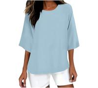 Maglia a Maniche Tre Quarti Cotone Donna Elegante Curvy Maglietta Cotone e Lino Magliette con Colletto a Girocollo in Tinta Unita Leggera e Comoda per L'Estate Maglietta da Donna alla Moda da Spiaggia