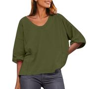 Maglia a Maniche Tre Quarti Cotone e Lino Curvy Maglietta a Maniche 3/4 Camicia con Colletto a Scollo a V in Tinta Unita Leggera e Comoda per L'Estate Maglietta da Donna alla Moda da Spiaggia