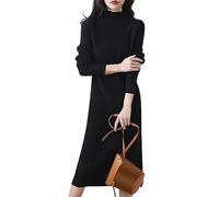 Maglia a tubino da donna a maniche lunghe, girocollo, pullover aderente invernale, a costine, lavorata a maglia, mini abiti A18, nero, taglia M