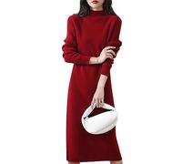 Maglia abito da donna a maniche lunghe con scollo a girocollo, pullover aderente invernale a costine alla moda, mini abito in maglia a costine A18, Rosso, S