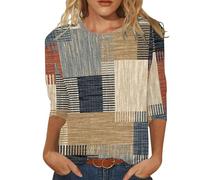 Maglia adatta da donna, girocollo, maniche a tre quarti, comoda camicetta con stampa floreale, maglietta da lavoro da donna, cachi, XL