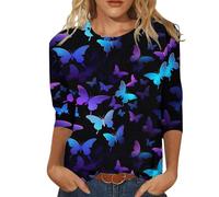 Maglia adatta da donna, girocollo, maniche a tre quarti, comoda camicetta con stampa floreale, t-shirt diavolo ali rosse, Blu, XXL