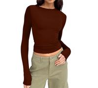 Maglia aderente da donna, a maniche lunghe, slim fit, Y2k, alta chiusa, crop top riflettente, top sportivo, tinta unita, a maniche lunghe, casual, elegante abbigliamento autunnale, Marrone 1, L