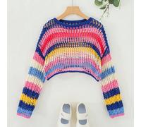 Maglia adolescenziale con girocollo a righe arcobaleno elegante e morbida con maniche lunghe tagliata corta 8Y,9Y,10Y,11Y,12YGeometrico,Righe di arcobalenoMaglieria