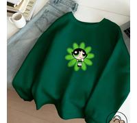 Maglia casual ampia a maniche lunghe con scollo tondo da donna, felpa nera, collaborazione con Warner Bros., stampa con collaborazione con le Superchicche, sfondo floreale verde, stile carino, comoda 
