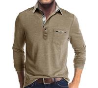 Maglia casual da uomo a maniche lunghe con colletto Henley, comoda parte superiore in morbido tessuto con dettagli a contrasto a quadri sul colletto e sulla tasca, maglietta multiuso per tutti i
