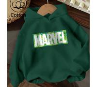 Maglia con stampa del logo Marvel, felpa verde in cotone per bambini, comoda felpa con spalle scese, felpa casual oversize curva, felpa con coulisse ampia e versatile, abbigliamento casual per bambini