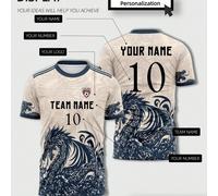 Maglia da calcio del Real Madrid beige e blu navy con motivi a drago | Completamente personalizzata per squadre guidate dal patrimonio, fan della mitologia | Personalizza l'arte del drago, aggiungi si