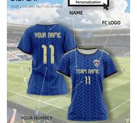 Maglia da calcio personalizzata da donna per i Mondiali 2026, colore blu, può essere stampata con il logo della tua squadra, il nome del giocatore e dettagli unici per creare uno stile personalizzato.