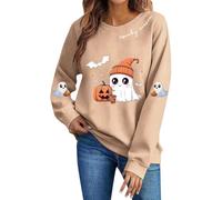 Maglia da donna a maniche lunghe, con stampa Spooky Season, scollo rotondo, cachi, L