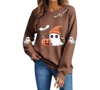 Maglia da donna a maniche lunghe, con stampa Spooky Season, scollo rotondo, marrone, L