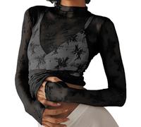 Maglia da donna a maniche lunghe in pizzo trasparente top floreale ricamato in rete sovrapposizione carino collo a lupetto t-shirt skinny camicetta estiva stratificazione trasparente aderente pizzo