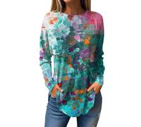 Maglia da donna a maniche lunghe stampata a girocollo, casual, casual, da donna, verde, XXL