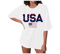 Maglia da donna alla moda e casual con stampa "America 4 luglio Anniversario" e bandiera, girocollo, maniche corte, top largo, 4 maglioni a 3/4 da donna, bianco, L