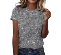 Maglia da donna con brillantini, a maniche corte, con paillette, elegante, per feste, colore argento lucido, con brillantini, O grigio., XL