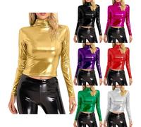 Maglia da donna con brillantini, a maniche lunghe, con brillantini, per feste, oro, a maniche lunghe, elegante, a collo alto, maglioni, carnevale, camicette, verde, XL