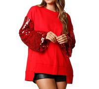 Maglia da donna con brillantini, per feste, a maniche lunghe, con paillette, colore nero, per festival, a maniche lunghe, girocollo, con brillantini, per Carnevale, elegante, Colore: rosso, XL