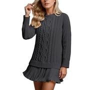 Maglia da donna con gonna in pizzo, abito in maglia lavorata a cable, elegante, autunnale, comodo, caldo, girocollo, a pieghe, patchwork, tunica, top, pullover, morbido, elasticizzato, per l'uso