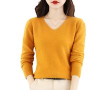 Maglia da donna con scollo a V in cashmere Pullover allentato Top maglieria di base, Giallo zenzero., XL