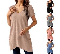 Maglia da donna elegante, oversize, con scollo a V, blusa con tasca, estiva, casual, basic, a maniche corte, top, scollato, maglietta sportiva da donna, longshirt, da donna, per leggings, Nero , XL