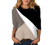 Maglia da donna, manica a tre quarti, vestibilità stretta, top carino, scollo rotondo, vestibilità aderente, mezza manica T shirt arcobaleno da donna, cachi, XL