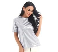 Maglia da donna metallizzata con paillette, top con paillette, vernice glitterata, da discoteca, a maniche corte, girocollo, per carnevale, O argento, S