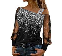 Maglia da donna nera glitterata, top con brillantini, da donna, a maniche lunghe, con paillettes, elegante camicetta a maniche lunghe, sexy, top per Carnevale, tunica per feste, grandi taglie, argento