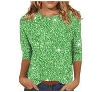 Maglia da Donna Paillettes Brillantini Maniche a 3/4 T-Shirt Girocollo Glitter Tops Maglietta Curvy Confortevole Slim Fit Abbigliamento Taglie Forti Casual Magliette per Feste Rave 2025