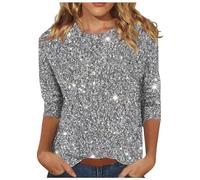 Maglia da Donna Paillettes Brillantini Maniche a 3/4 T-Shirt Girocollo Glitter Tops Maglietta Curvy Confortevole Slim Fit Abbigliamento Taglie Forti Casual Magliette per Feste Rave 2025