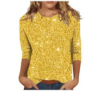 Maglia da Donna Paillettes Brillantini Maniche a 3/4 T-Shirt Girocollo Glitter Tops Maglietta Curvy Confortevole Slim Fit Abbigliamento Taglie Forti Casual Magliette per Feste Rave 2025