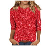 Maglia da Donna Paillettes Brillantini Maniche a 3/4 T-Shirt Girocollo Glitter Tops Maglietta Curvy Confortevole Slim Fit Abbigliamento Taglie Forti Casual Magliette per Feste Rave 2025