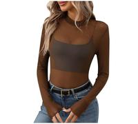 Maglia da donna sexy trasparente, a maniche lunghe, camicetta trasparente Y2k Clothes, top in pizzo con pizzo, #02 marrone., L