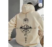 Maglia da uomo in cotone beige con motivo sole, luna, montagne e fiumi; felpa con cappuccio basic dalla vestibilità ampia; maglia a maniche lunghe morbida e traspirante con spalle scese, adatta per la