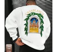 Maglia da uomo in cotone, maglia con motivo castello illuminato dalla luna, felpa bianca da uomo con spalle scese, felpa oversize ampia e calda in tessuto spesso con scollo rotondo per autunno e inver